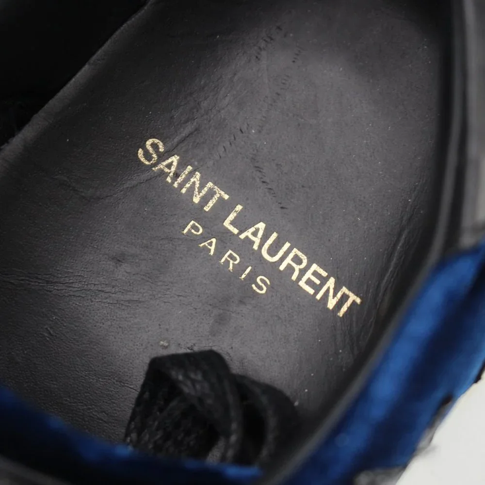 Saint Laurent Court Blue Velvet Black Leather Star Low Top Sneakers 38.5 YSL
